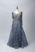 Refined Blue Beaded A-Line Mother of the Bride Dress with long Sleeves MK073