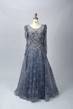 Refined Blue Beaded A-Line Mother of the Bride Dress with long Sleeves MK073
