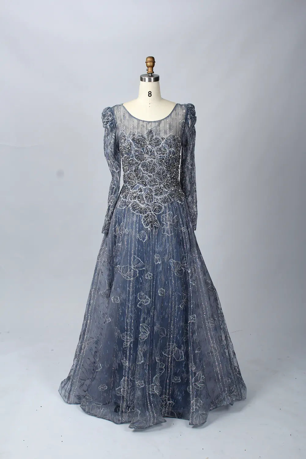 Refined Blue Beaded A-Line Mother of the Bride Dress with long Sleeves MK073