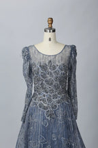 Refined Blue Beaded A-Line Mother of the Bride Dress with long Sleeves MK073