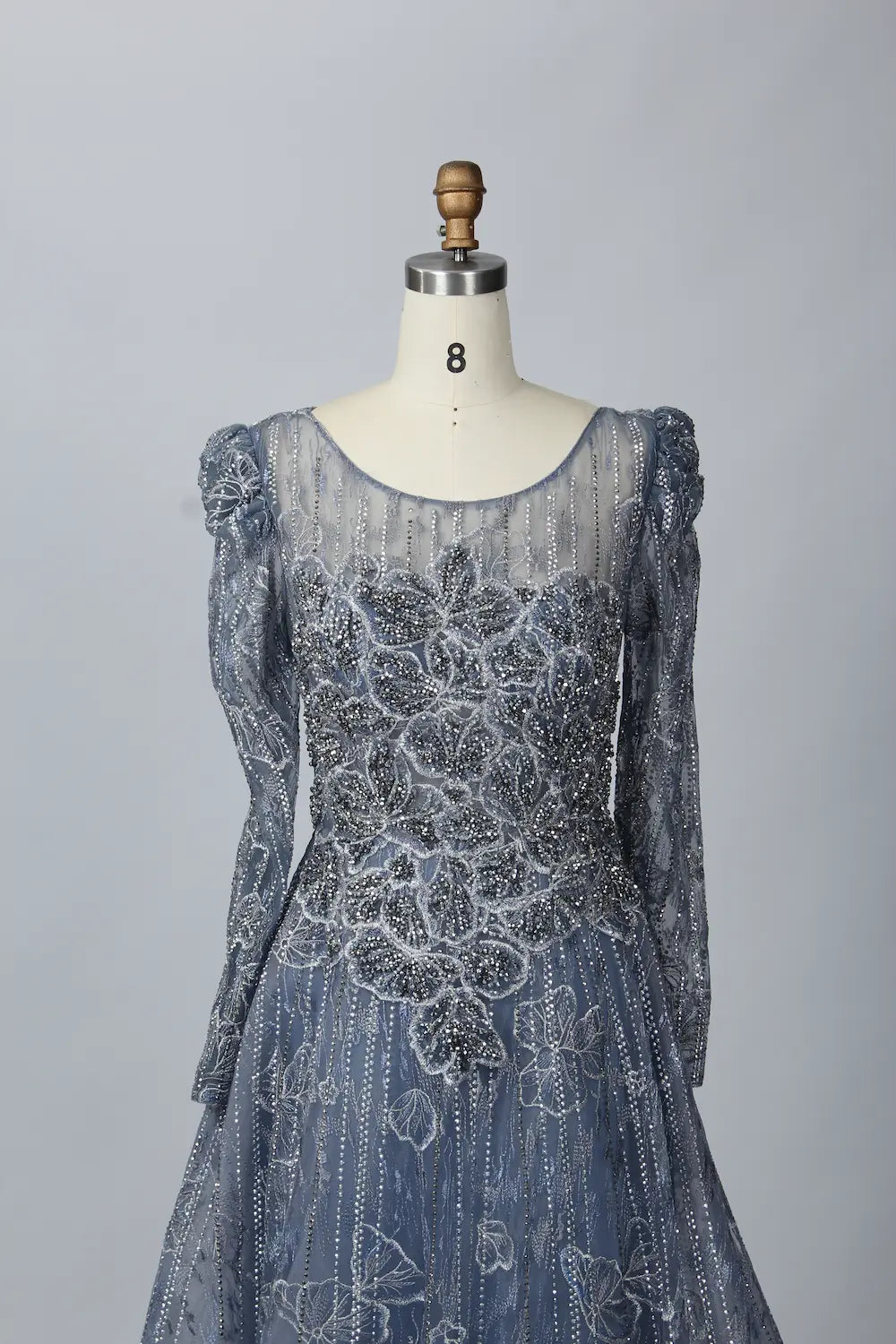 Refined Blue Beaded A-Line Mother of the Bride Dress with long Sleeves MK073