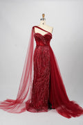 Stunning One-Shoulder Beaded Red Tulle Overlay Mother of the Bride Dress KY027