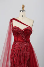 Stunning One-Shoulder Beaded Red Tulle Overlay Mother of the Bride Dress KY027