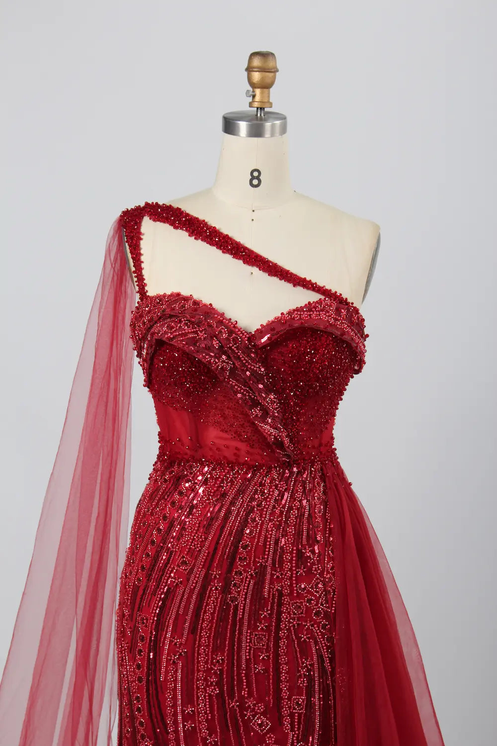 Stunning One-Shoulder Beaded Red Tulle Overlay Mother of the Bride Dress KY027