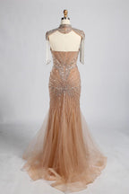 Nude Gold High-Neck Beaded Tassel Sleeves Mermaid Mother of the Bride Gown MC162B