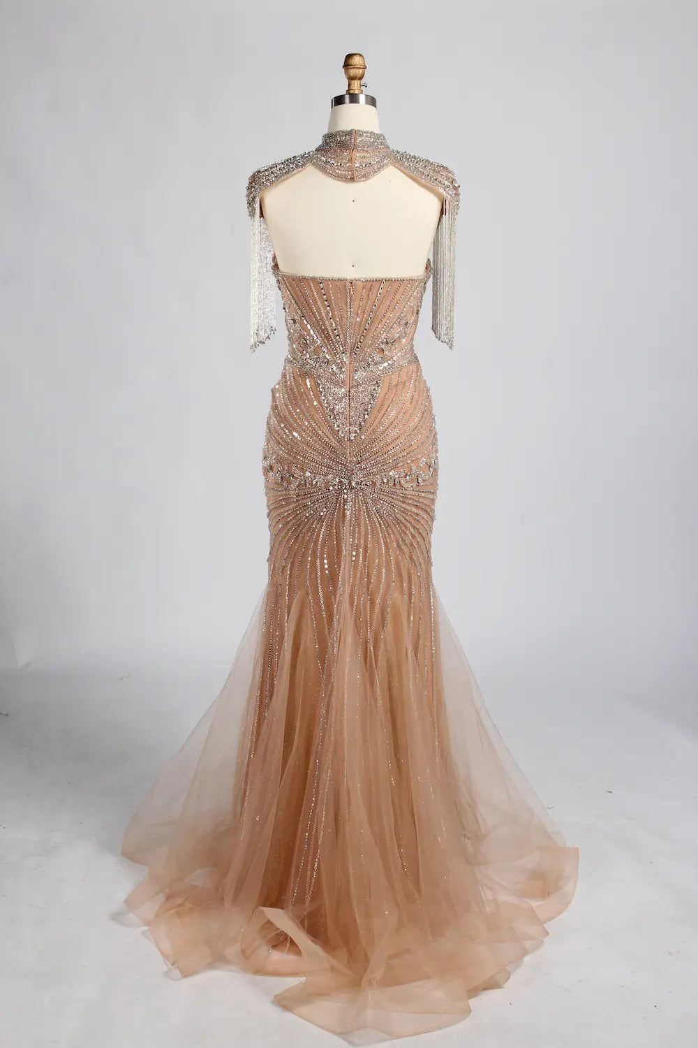 Nude Gold High-Neck Beaded Tassel Sleeves Mermaid Mother of the Bride Gown MC162B