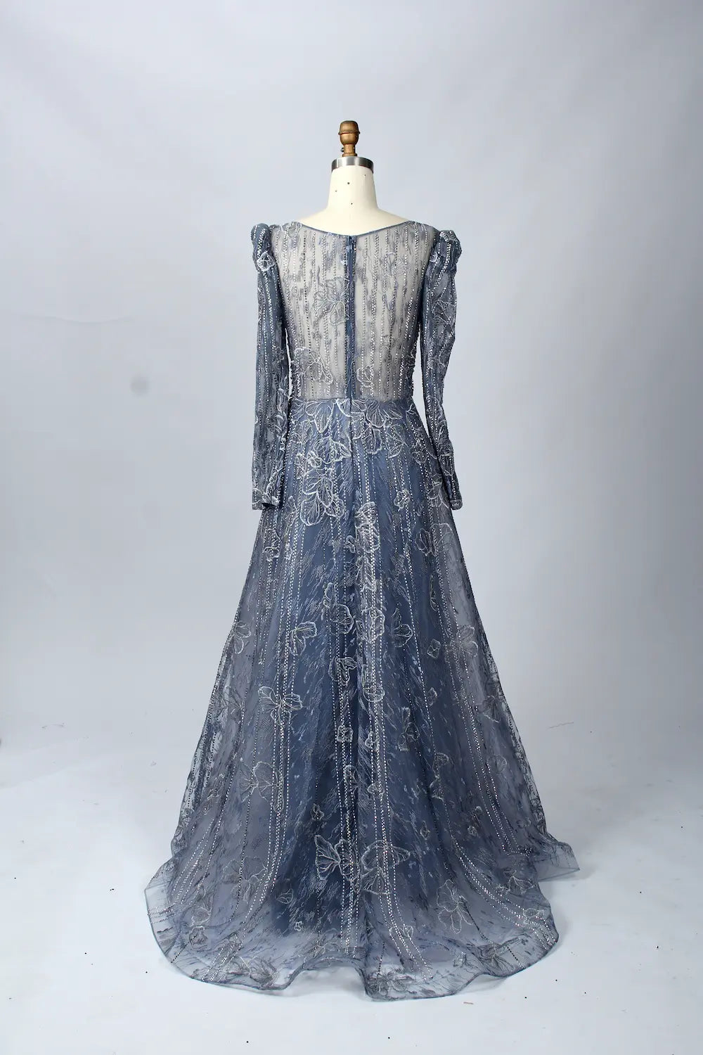 Refined Blue Beaded A-Line Mother of the Bride Dress with long Sleeves MK073