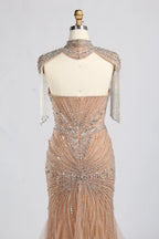 Nude Gold High-Neck Beaded Tassel Sleeves Mermaid Mother of the Bride Gown MC162B
