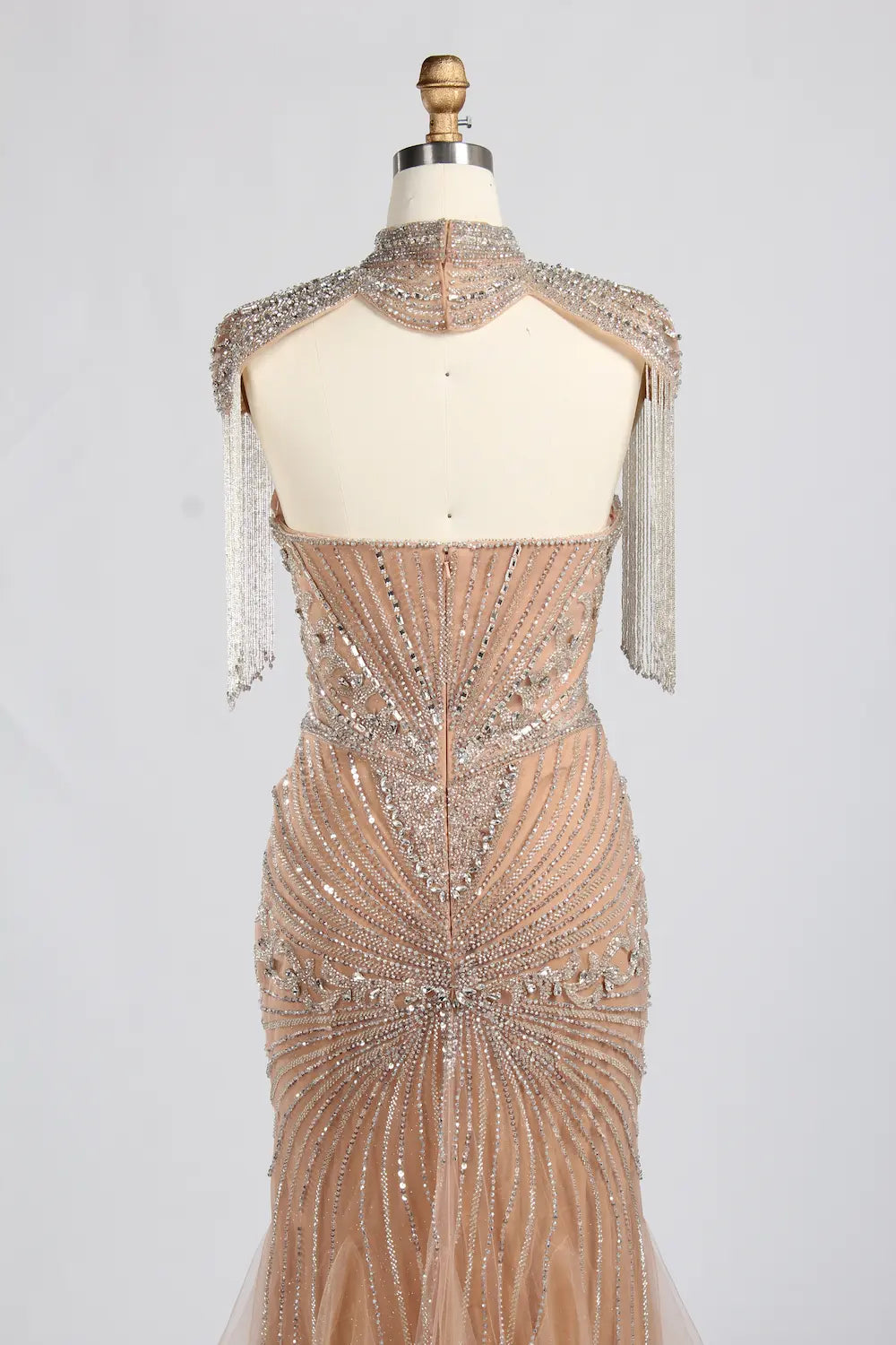 Nude Gold High-Neck Beaded Tassel Sleeves Mermaid Mother of the Bride Gown MC162B