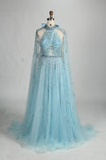 Beaded Halter Neck A-Line Light Blue Cape Mother of the Bride Dress MC134