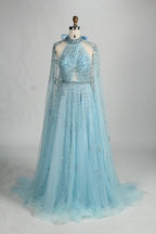 Beaded Halter Neck A-Line Light Blue Cape Mother of the Bride Dress MC134