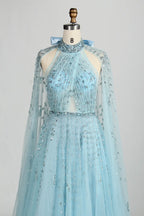 Beaded Halter Neck A-Line Light Blue Cape Mother of the Bride Dress MC134