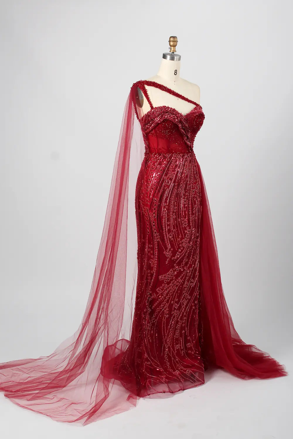 Stunning One-Shoulder Beaded Red Tulle Overlay Mother of the Bride Dress KY027