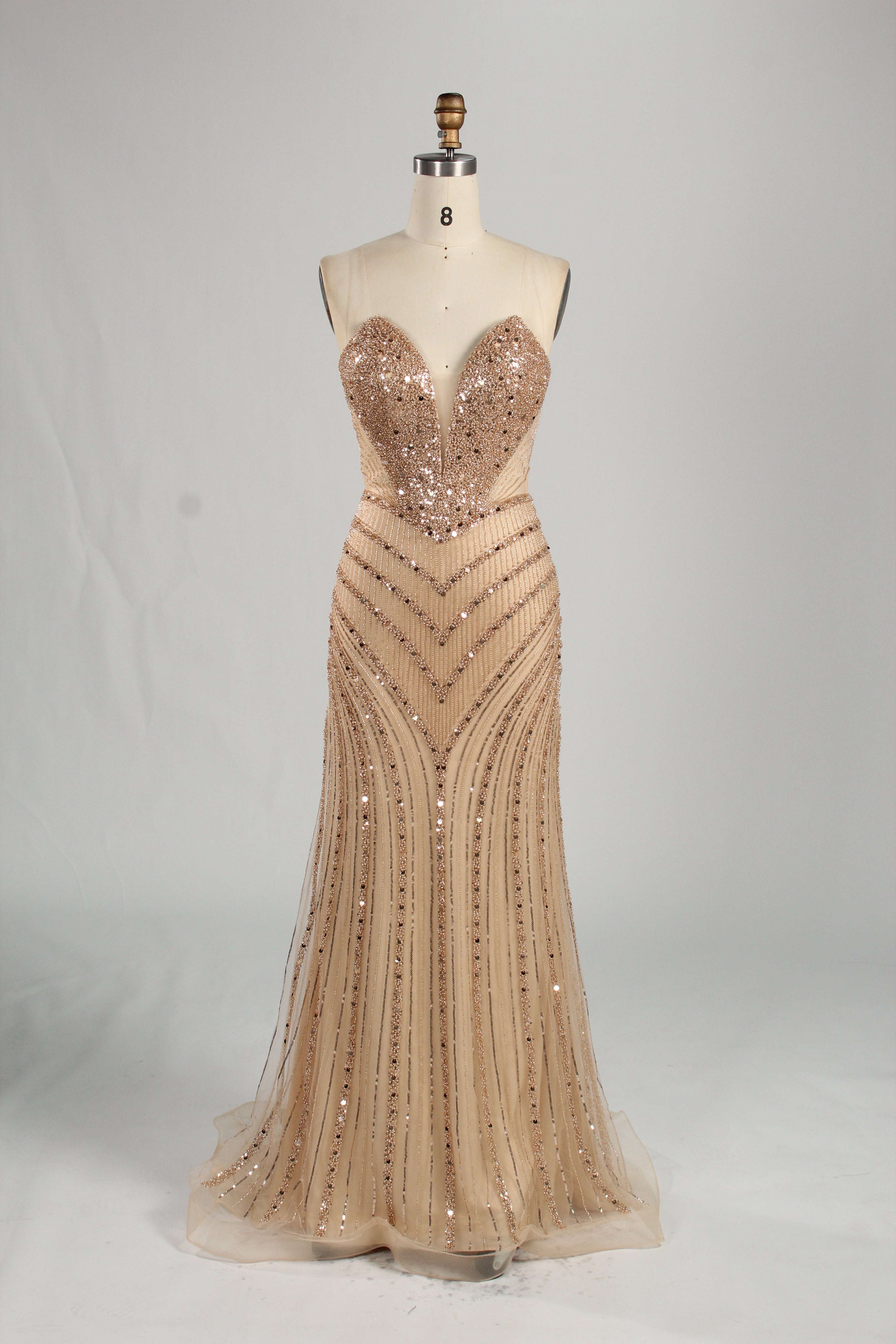 Wholesale Champagne Sequin Strapless Evening Gown 33272