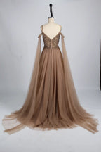 Beaded Off-the-Shoulder A-Line Mother of the Bride Dress with Cape Sleeves KS041