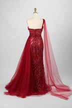 Stunning One-Shoulder Beaded Red Tulle Overlay Mother of the Bride Dress KY027