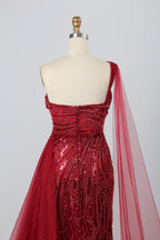 Stunning One-Shoulder Beaded Red Tulle Overlay Mother of the Bride Dress KY027