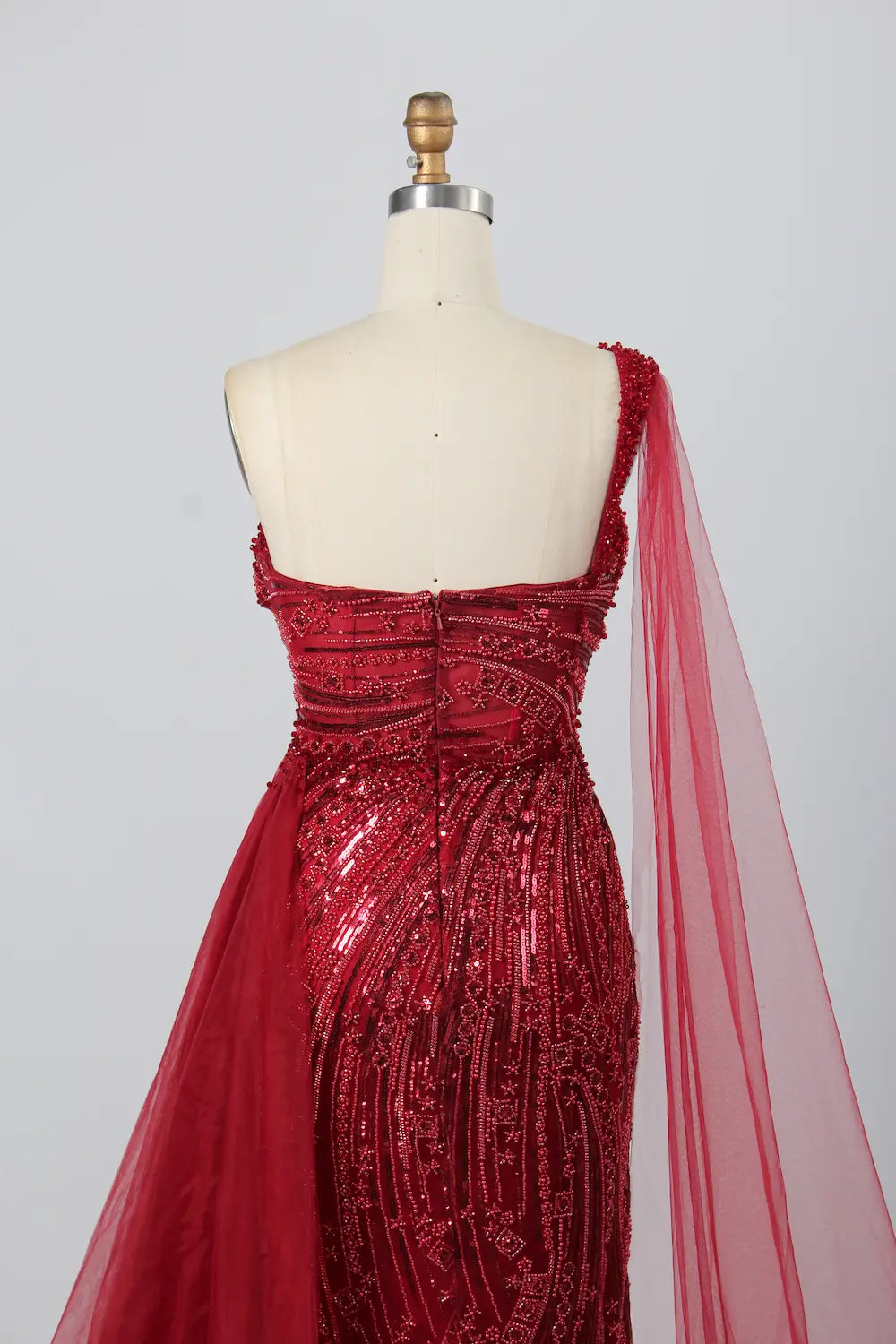 Stunning One-Shoulder Beaded Red Tulle Overlay Mother of the Bride Dress KY027