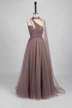 One-Shoulder Beaded A-Line Mother of the Bride Dress with High Collar KS042