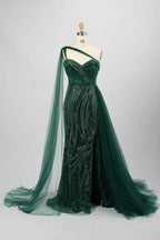 Stunning One-Shoulder Beaded Red Tulle Overlay Mother of the Bride Dress KY027