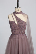One-Shoulder Beaded A-Line Mother of the Bride Dress with High Collar KS042