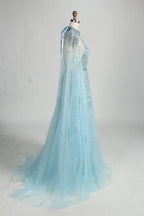 Beaded Halter Neck A-Line Light Blue Cape Mother of the Bride Dress MC134