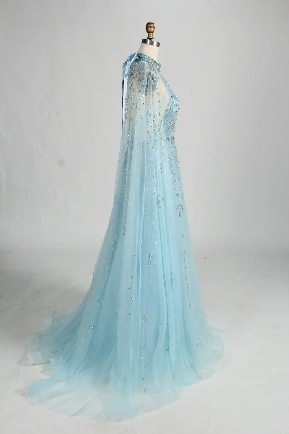 Beaded Halter Neck A-Line Light Blue Cape Mother of the Bride Dress MC134