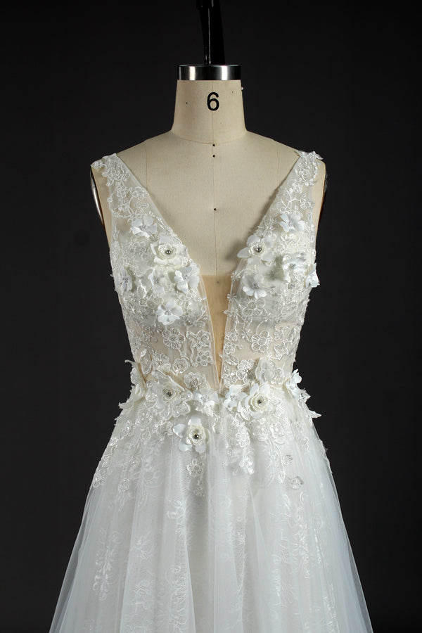 Wholesale 3D Floral V-Neck Tulle Wedding Gown kt1305
