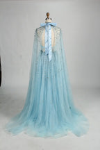 Beaded Halter Neck A-Line Light Blue Cape Mother of the Bride Dress MC134