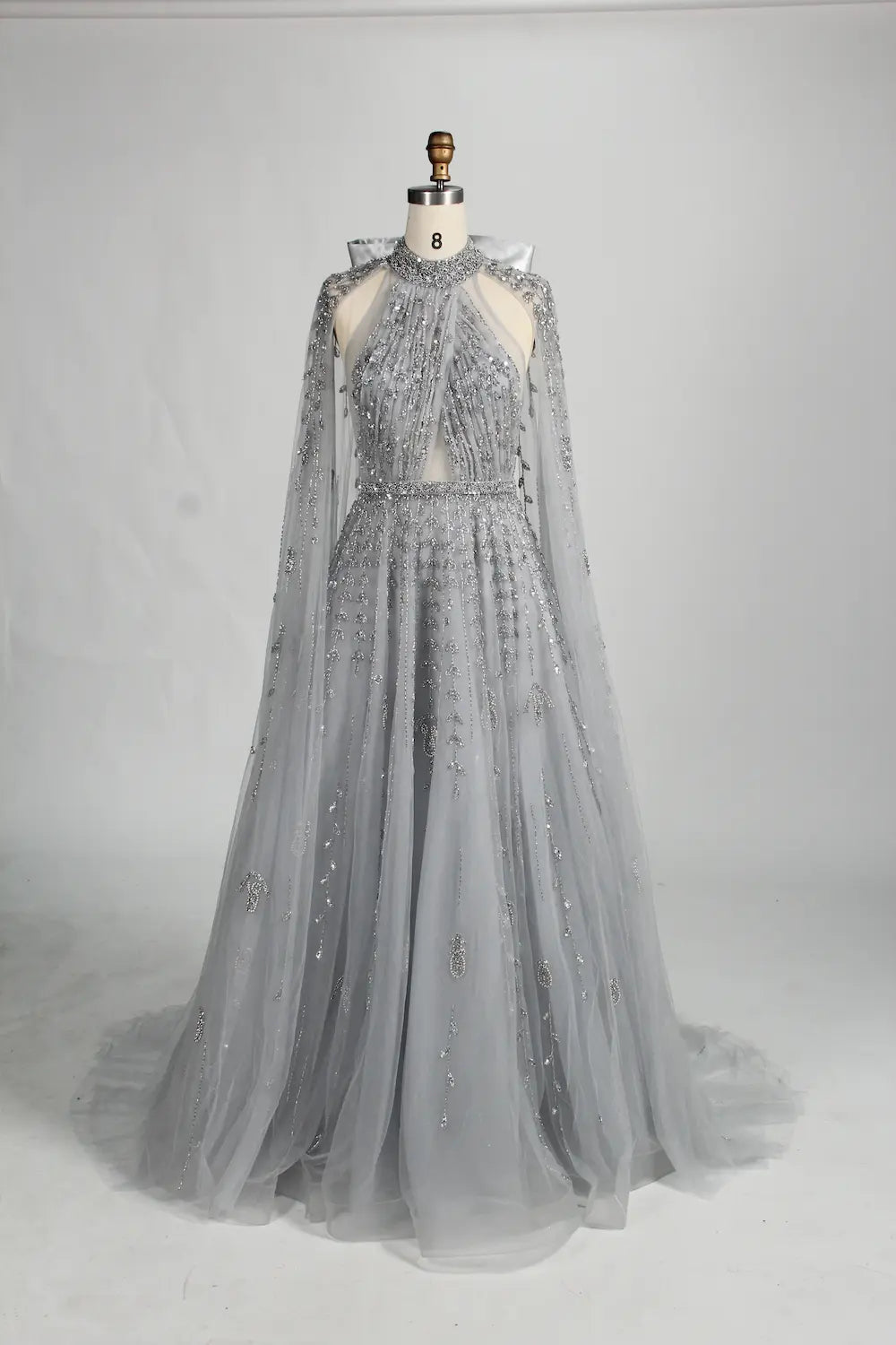 Beaded Halter Neck A-Line Light Blue Cape Mother of the Bride Dress MC134