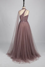 One-Shoulder Beaded A-Line Mother of the Bride Dress with High Collar KS042