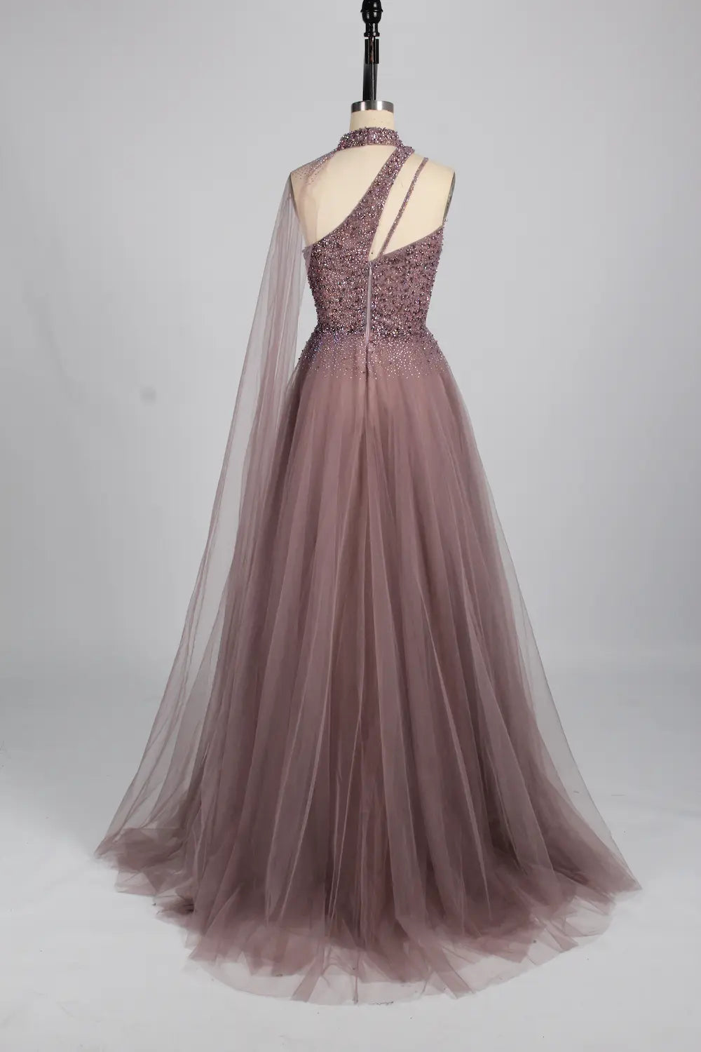 One-Shoulder Beaded A-Line Mother of the Bride Dress with High Collar KS042