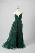Luxurious Emerald Beaded Strapless Sheath overskirt train Evening Dress KY028
