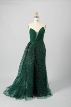 Luxurious Emerald Beaded Strapless Sheath overskirt train Evening Dress KY028