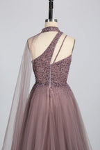 One-Shoulder Beaded A-Line Mother of the Bride Dress with High Collar KS042