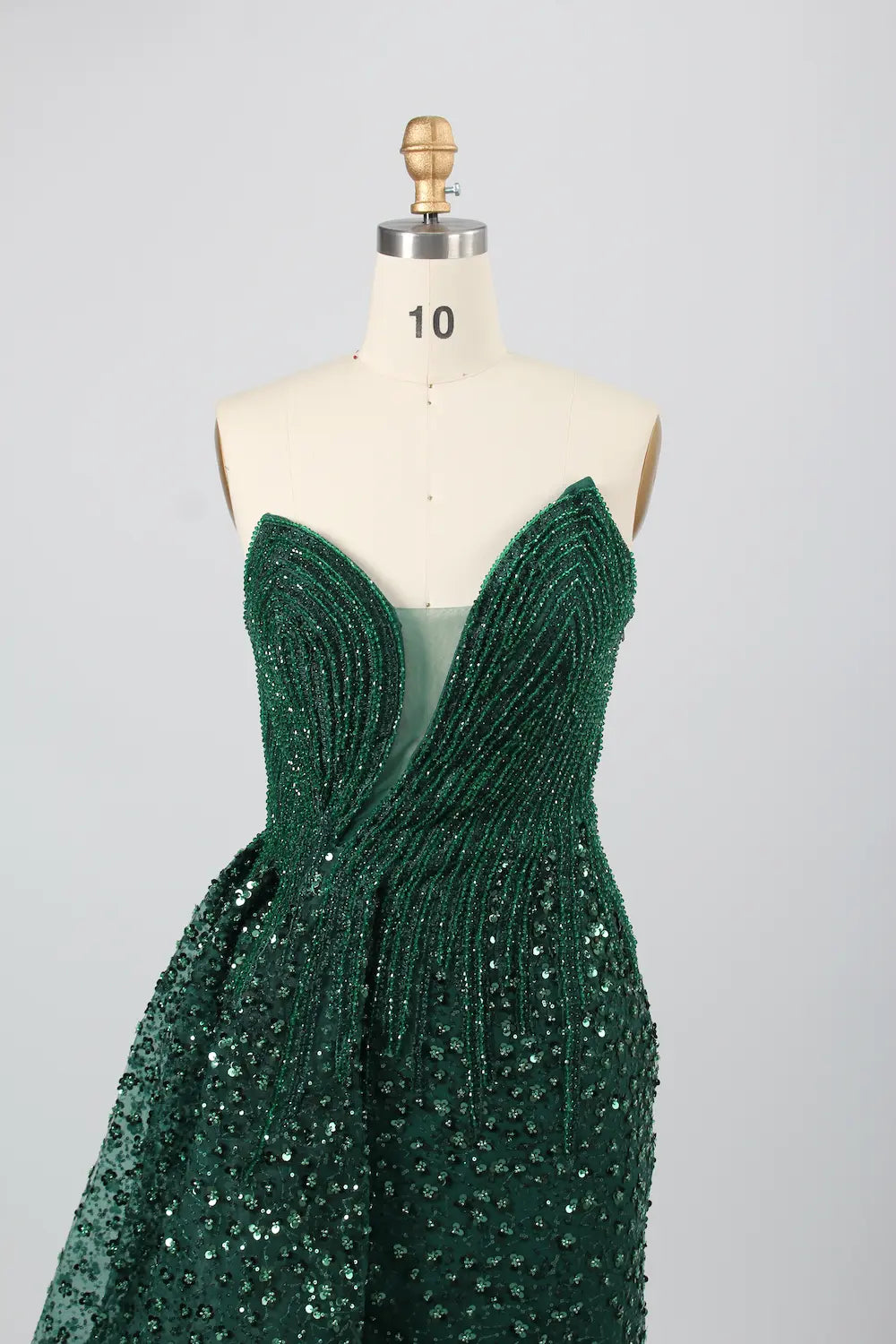 Luxurious Emerald Beaded Strapless Sheath overskirt train Evening Dress KY028