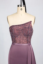 One-Shoulder Beaded Column Evening Dress with Side Draping KS043