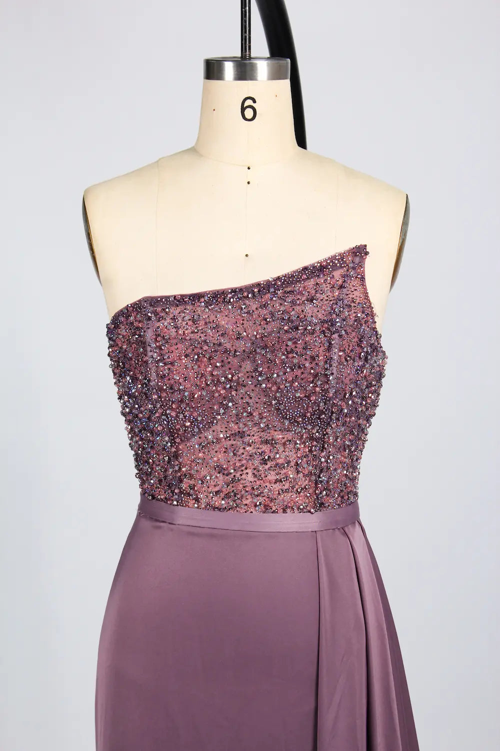 One-Shoulder Beaded Column Evening Dress with Side Draping KS043