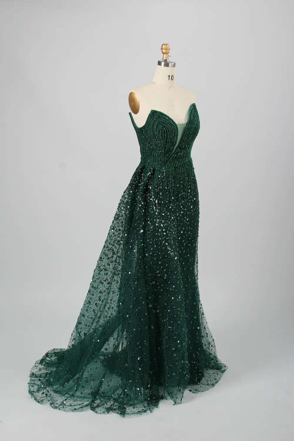 Luxurious Emerald Beaded Strapless Sheath overskirt train Evening Dress KY028