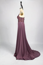 One-Shoulder Beaded Column Evening Dress with Side Draping KS043