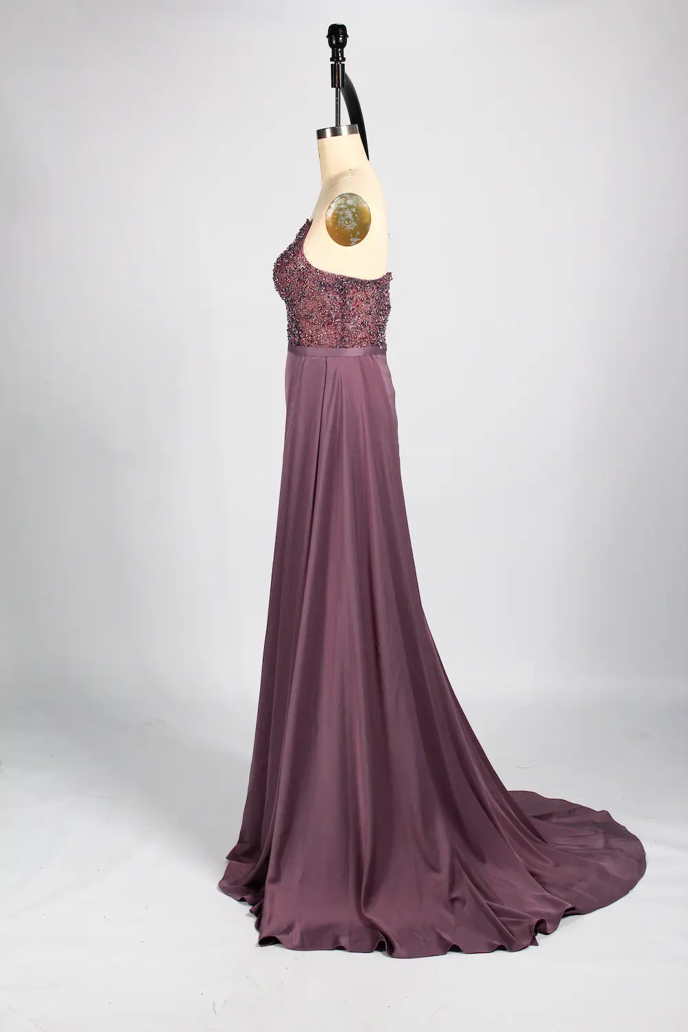 One-Shoulder Beaded Column Evening Dress with Side Draping KS043