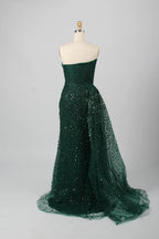 Luxurious Emerald Beaded Strapless Sheath overskirt train Evening Dress KY028
