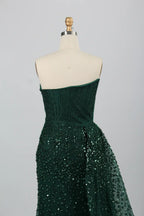 Luxurious Emerald Beaded Strapless Sheath overskirt train Evening Dress KY028
