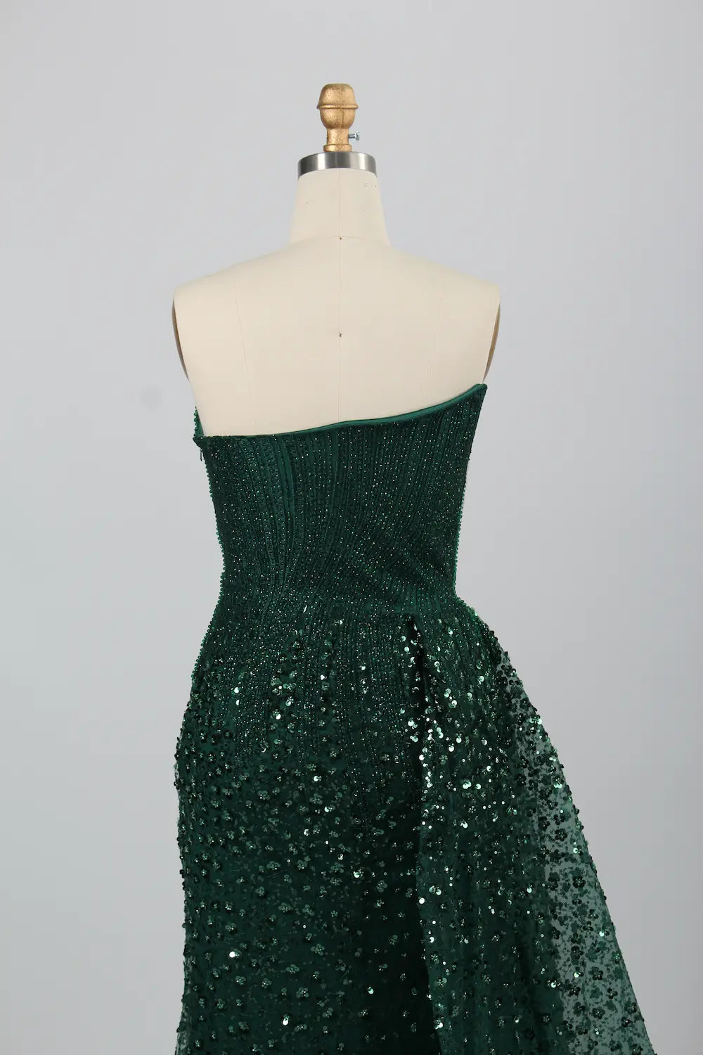 Luxurious Emerald Beaded Strapless Sheath overskirt train Evening Dress KY028