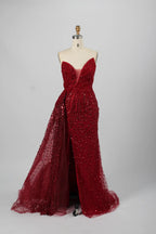 Luxurious Emerald Beaded Strapless Sheath overskirt train Evening Dress KY028