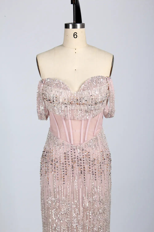 Beaded Off-the-Shoulder Corset Evening Dress KS044