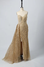 Luxurious Emerald Beaded Strapless Sheath overskirt train Evening Dress KY028