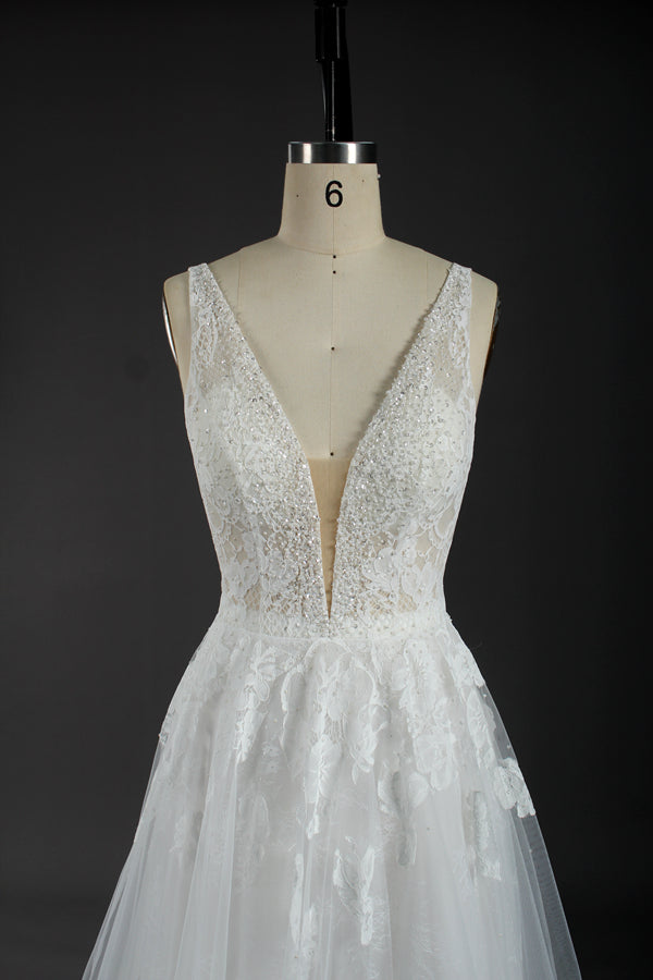 Wholesale Beaded Lace V-Neck Tulle Wedding Gown kt1304