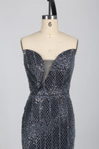 Strapless Beaded Sequin Lattice Evening Dress KS045
