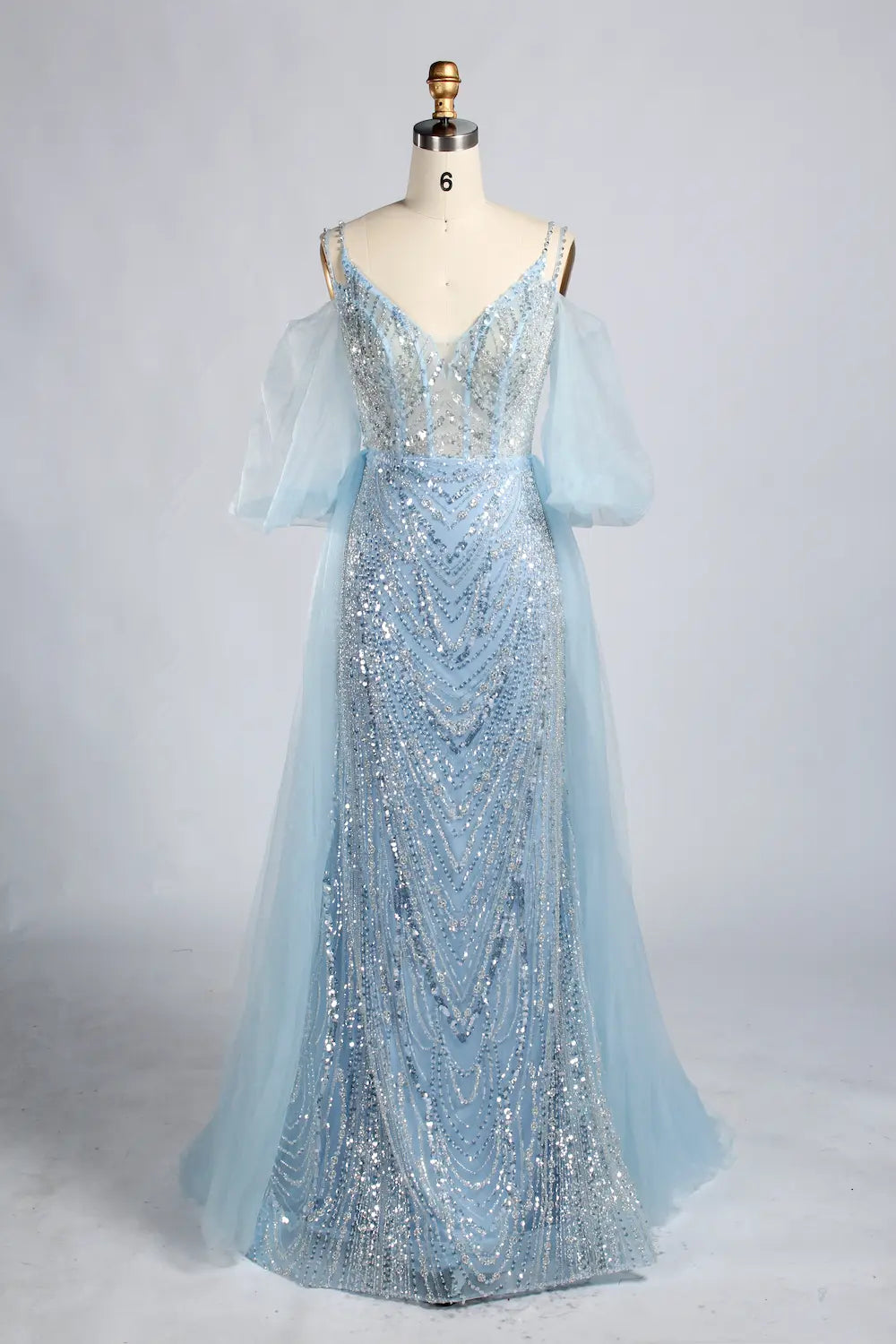 V-Neck Sequin Sheath Mother of the Bride Dress with Off-the-Shoulder Sleeves KY038